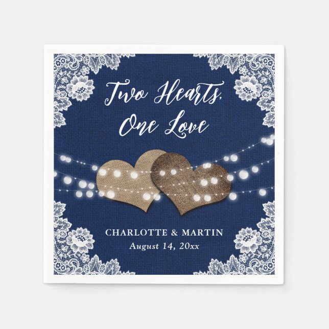 Burlap Hearts Lace Rustic Navy Blue Wedding Napkin (Front)