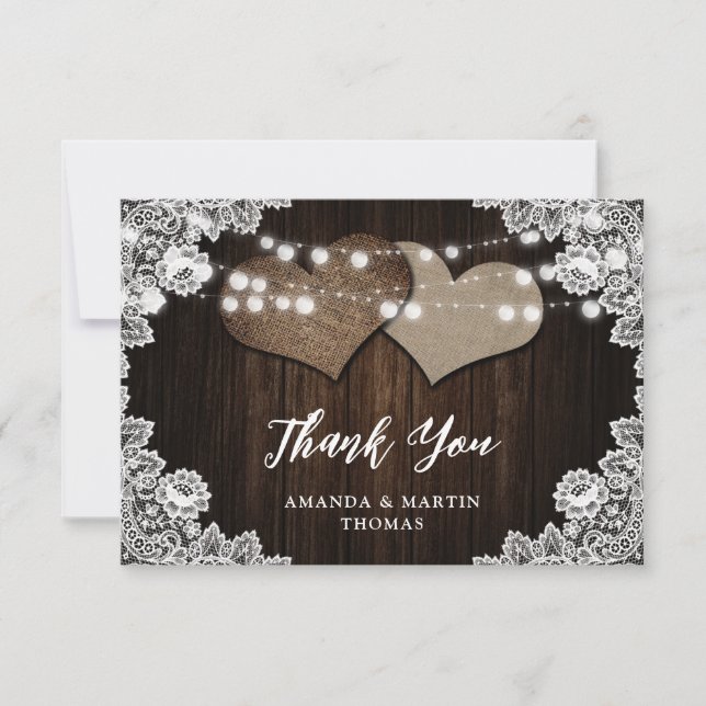 Burlap Hearts Lace Wood String Lights Wedding Thank You Card (Front)