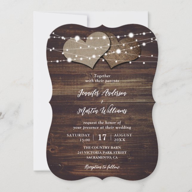 Burlap Hearts String Lights Rustic Wood Wedding Invitation (Front)