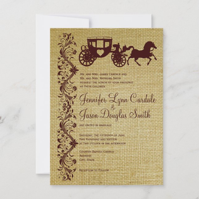 Burlap Horse and Carriage Wedding Invitations (Front)