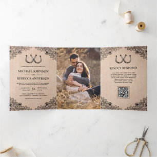 Burlap Horseshoes Lace Photo QR Code Wedding Tri-Fold Invitation