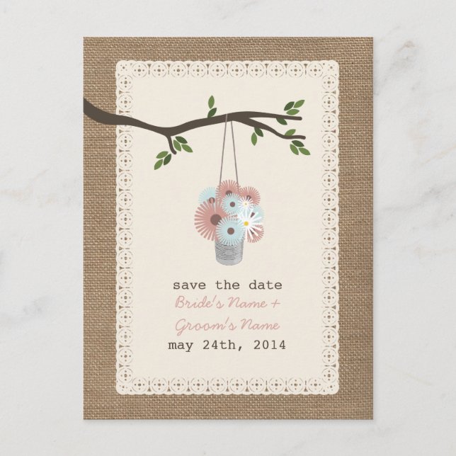 Burlap Inspired Can Of Daisies Save The Date Announcement Postcard (Front)