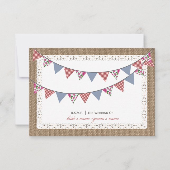 Burlap Inspired Floral & Gingham Bunting RSVP Card (Front)