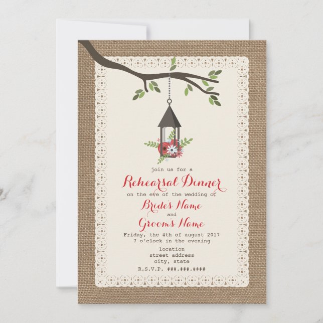 Burlap Inspired Floral Lantern Rehearsal Dinner Invitation (Front)