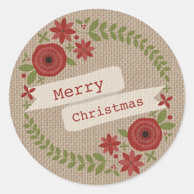Burlap Inspired Floral Wreath Christmas Classic Round Sticker (Front)