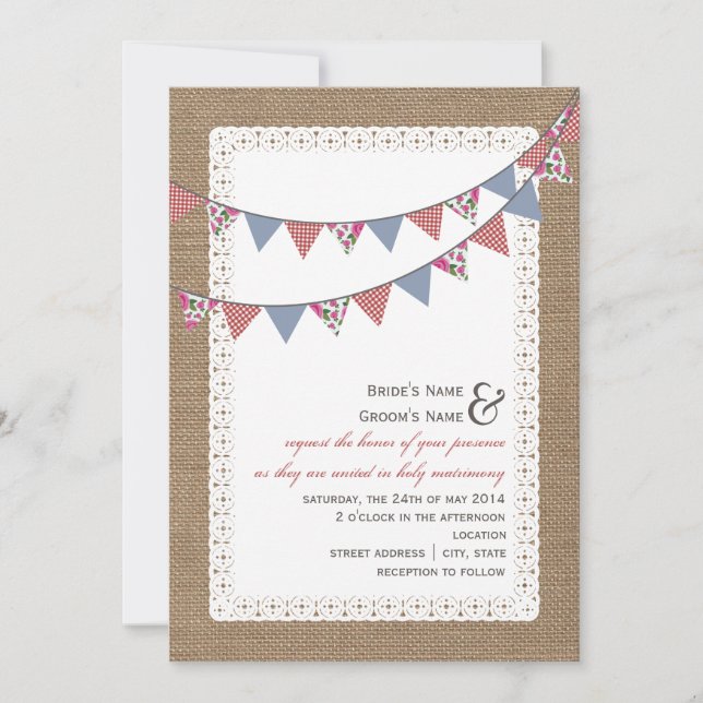 Burlap Inspired Gingham & Floral Bunting Wedding Invitation (Front)