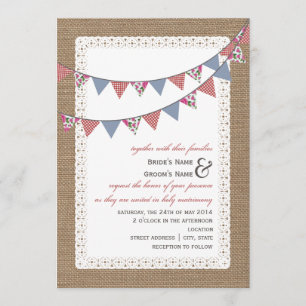 Burlap Inspired Gingham & Floral Bunting Wedding Invitation
