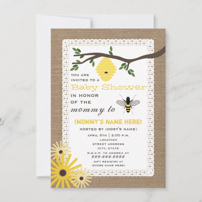 Burlap Inspired Honey Bee Baby Shower Invitation (Front)