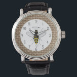 Burlap Inspired Honey Bee Personalised Watch<br><div class="desc">A watch featuring an illustration of a bee at centre.  Personalise with your name.  Background is burlap inspired.</div>