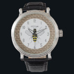 Burlap Inspired Honey Bee Personalised Watch<br><div class="desc">A watch featuring an illustration of a bee at centre. Personalise with your name. Background is burlap inspired.</div>