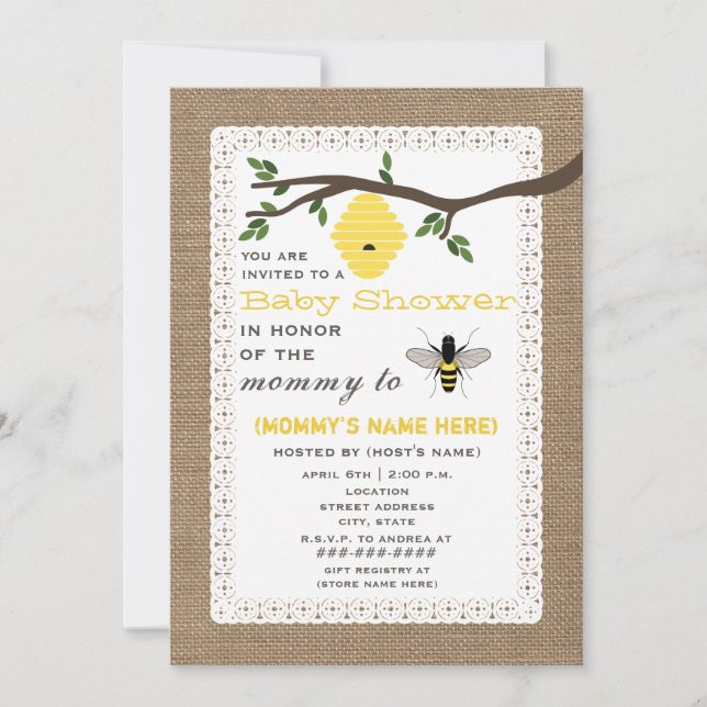 Burlap Inspired Honey Bee Themed Baby Shower Invitation (Front)