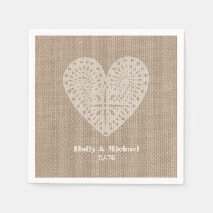 Burlap Inspired Lace Heart Wedding Napkins