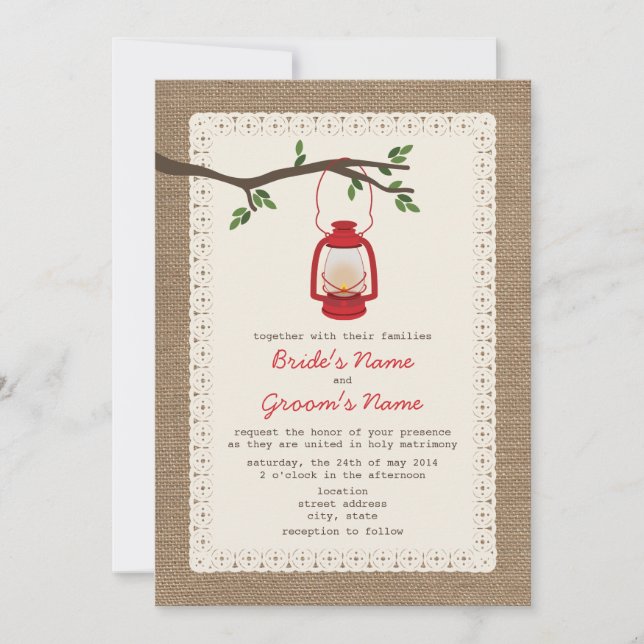 Burlap Inspired / Oil Lantern Camping Wedding Invitation (Front)