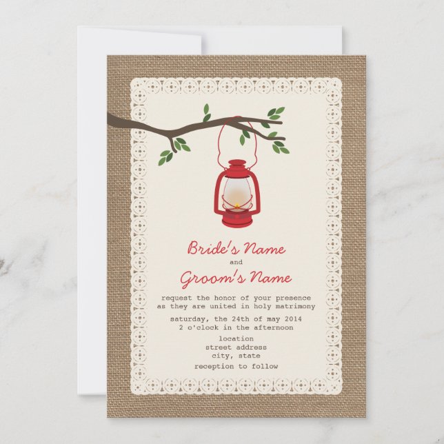 Burlap Inspired / Oil Lantern Camping Wedding Invitation (Front)