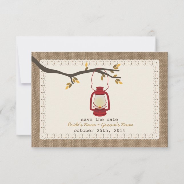 Burlap Inspired Oil Lantern Fall Save The Date (Front)