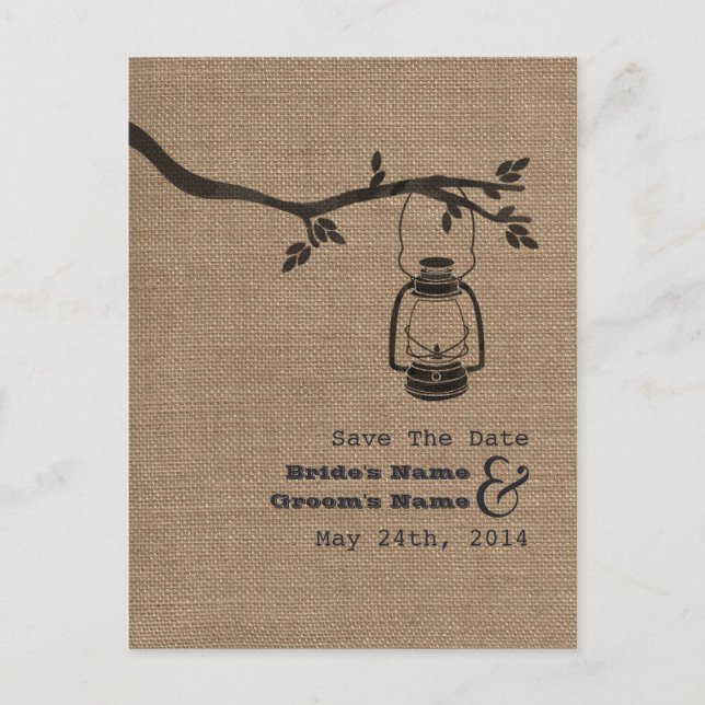 Burlap Inspired Oil Lantern Rustic Save The Date Announcement Postcard (Front)