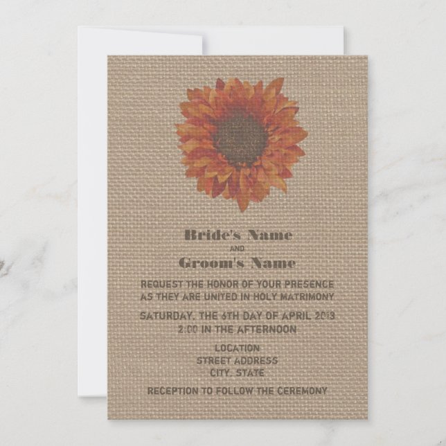 Burlap Inspired Orange Sunflower Wedding Invite (Front)