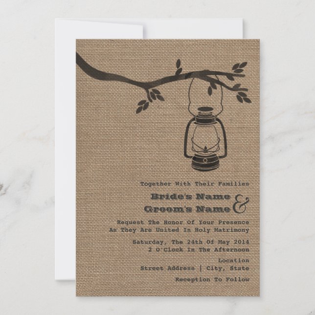 Burlap Inspired Outdoor / Camping Wedding Invitation (Front)