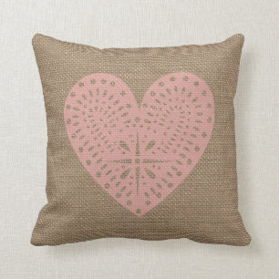 Burlap Inspired Pink Heart Pillow