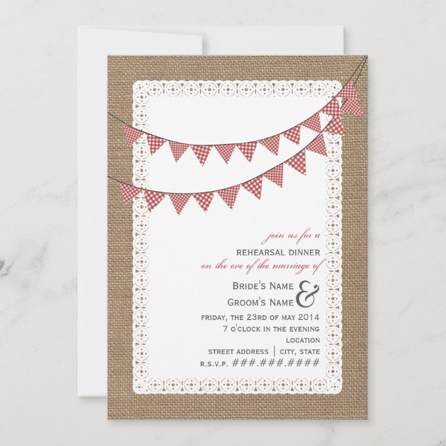 Burlap Inspired Red Gingham Bunting Rehearsal Invitation (Front)