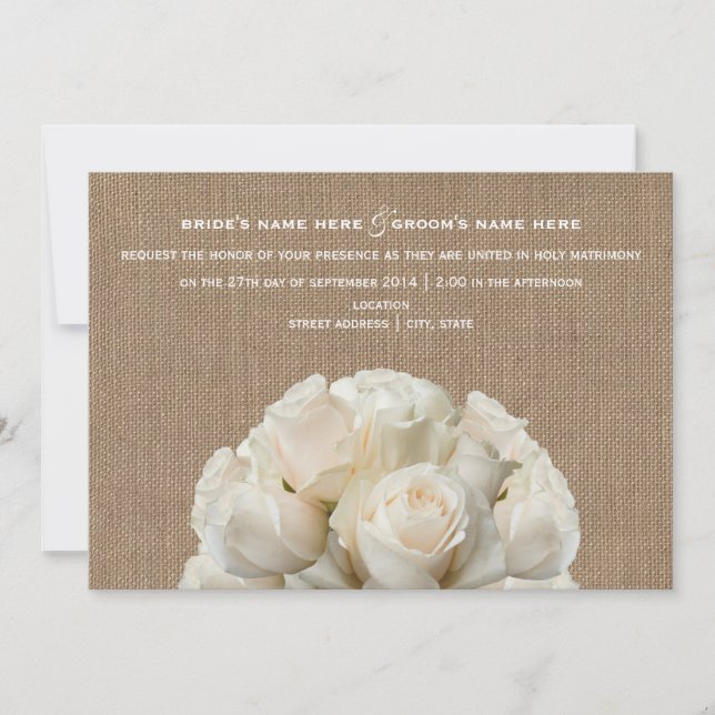 Burlap Inspired White Roses Wedding Invitation (Front)