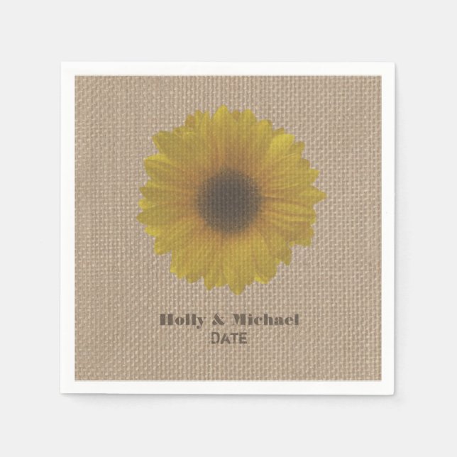 Burlap Inspired Yellow Sunflower Wedding Napkins (Front)