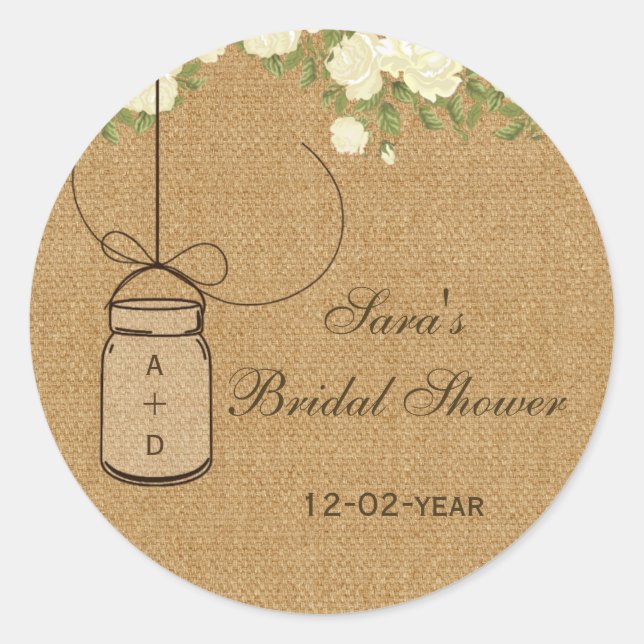 burlap ivory rose mason jar bridal shower stickers (Front)
