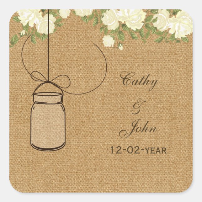 burlap ivory rose mason jar wedding favour sticker (Front)
