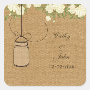 burlap ivory rose mason jar wedding favour sticker