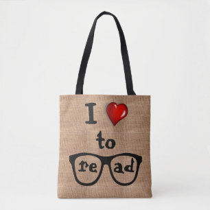 Burlap Jute I Love To Read Glasses Name Book Tote Bag