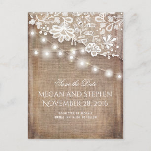 Burlap Lace and String Lights Rustic Save the Date Announcement Postcard