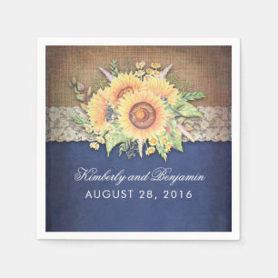 Burlap Lace and Sunflower Navy Rustic Fall Wedding Napkin
