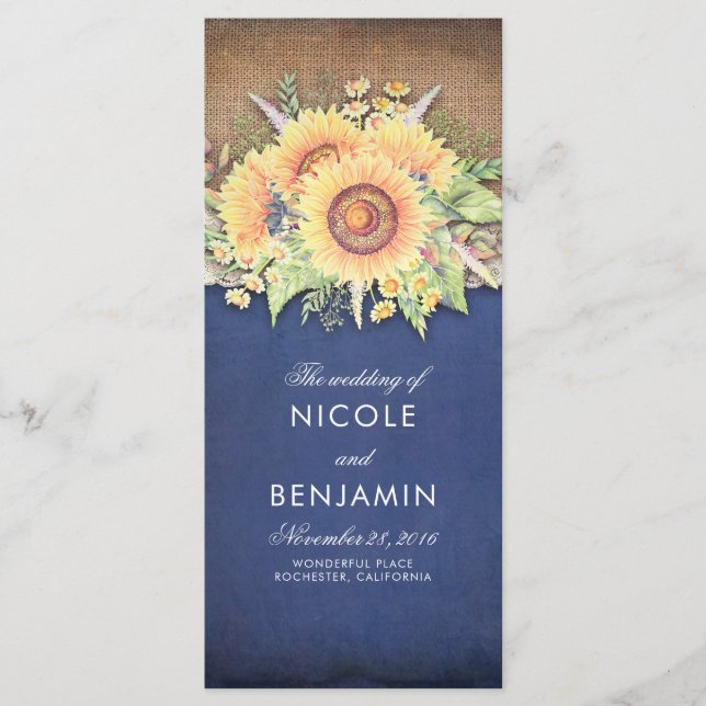 Burlap Lace and Sunflowers Navy Wedding Programs Programme (Front)