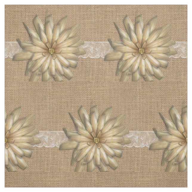 Burlap Lace and Tan Flower Print Fabric (Swatch)