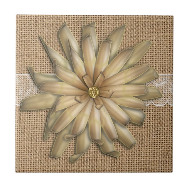 Burlap Lace And Tan Flower Tile (Front)