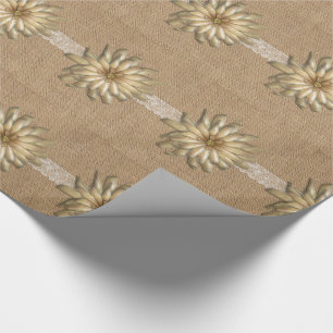 Burlap Lace and Tan Flower Wrapping Paper