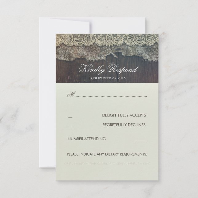 Burlap Lace and Wood Rustic Wedding RSVP Card (Front)