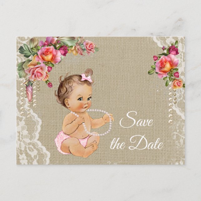 Burlap Lace Baby Shower Save the Date Announcement Postcard (Front)