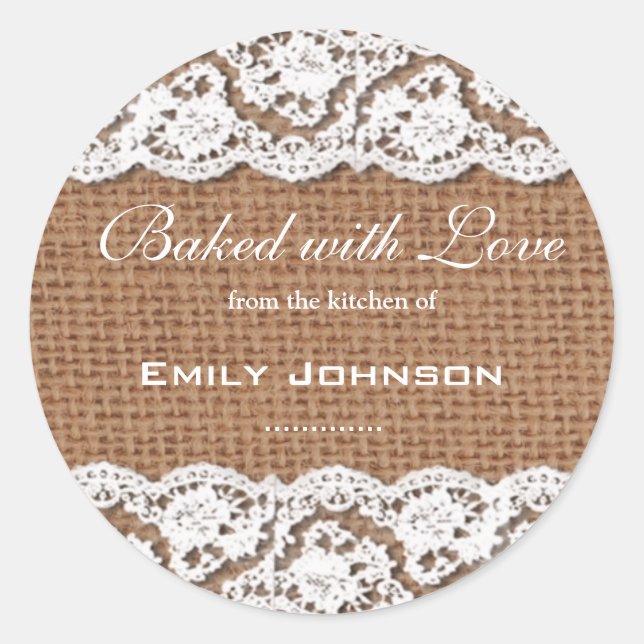 Burlap & Lace Baked With Love Sticker (Front)
