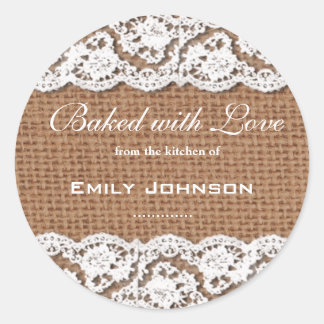 Burlap & Lace Baked With Love Sticker