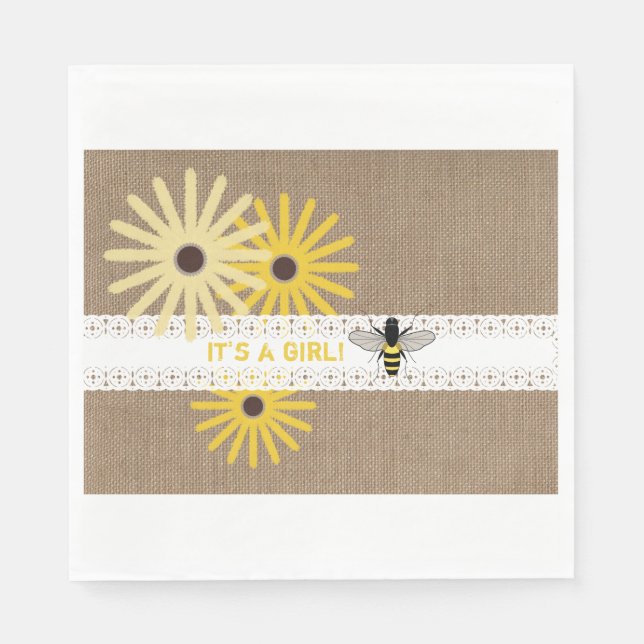 Burlap + Lace Bee Girl Baby Shower Napkins (Front)