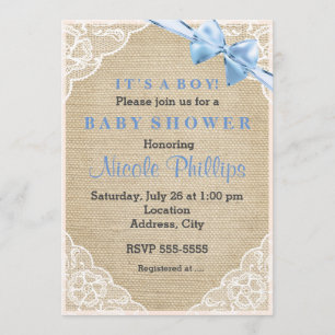 Burlap Lace & Blue Bow Baby Shower Invitation