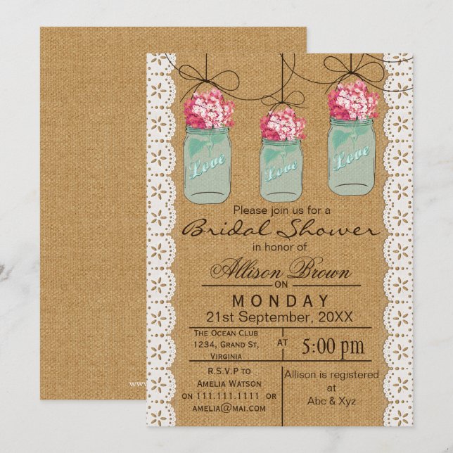 Burlap lace blue mason jar rustic bridal shower invitation (Front/Back)