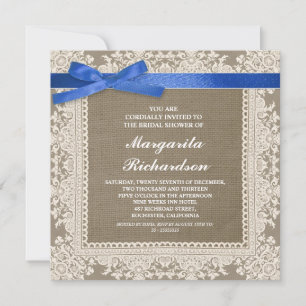 burlap lace & blue ribbon bridal shower invites