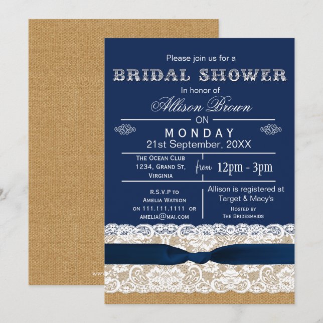 Burlap , lace,blue rustic bridal shower Invites (Front/Back)
