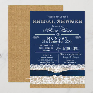 Burlap , lace,blue rustic bridal shower Invites