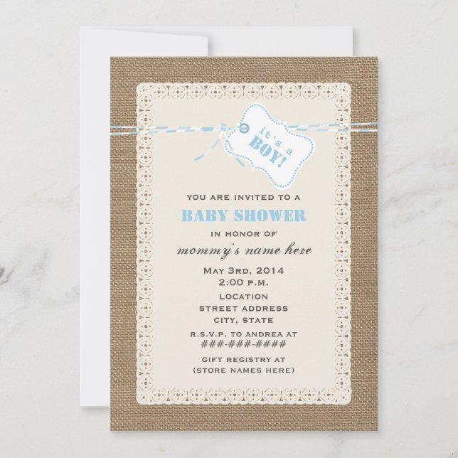 Burlap Lace & Blue Twine Inspired Baby Shower Invitation (Front)