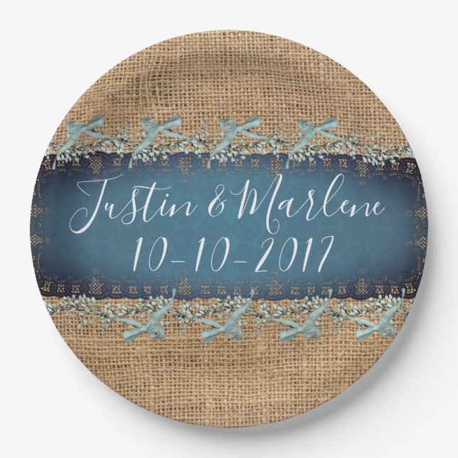 Burlap & Lace & bows Wedding or Anniversary Plates (Front)