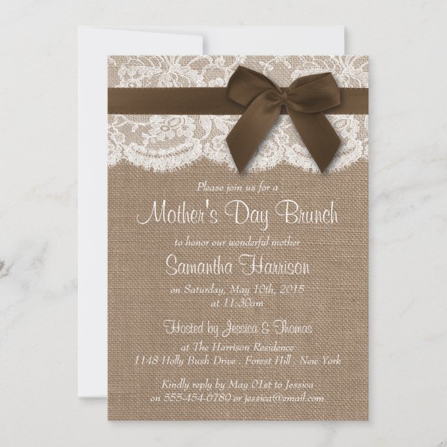 Burlap, Lace & Brown Bow Mother's Day Brunch Invitation (Front)