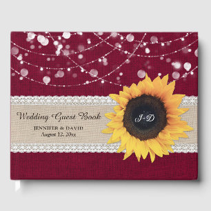 Burlap Lace Burgundy Sunflower Wedding Guest Book